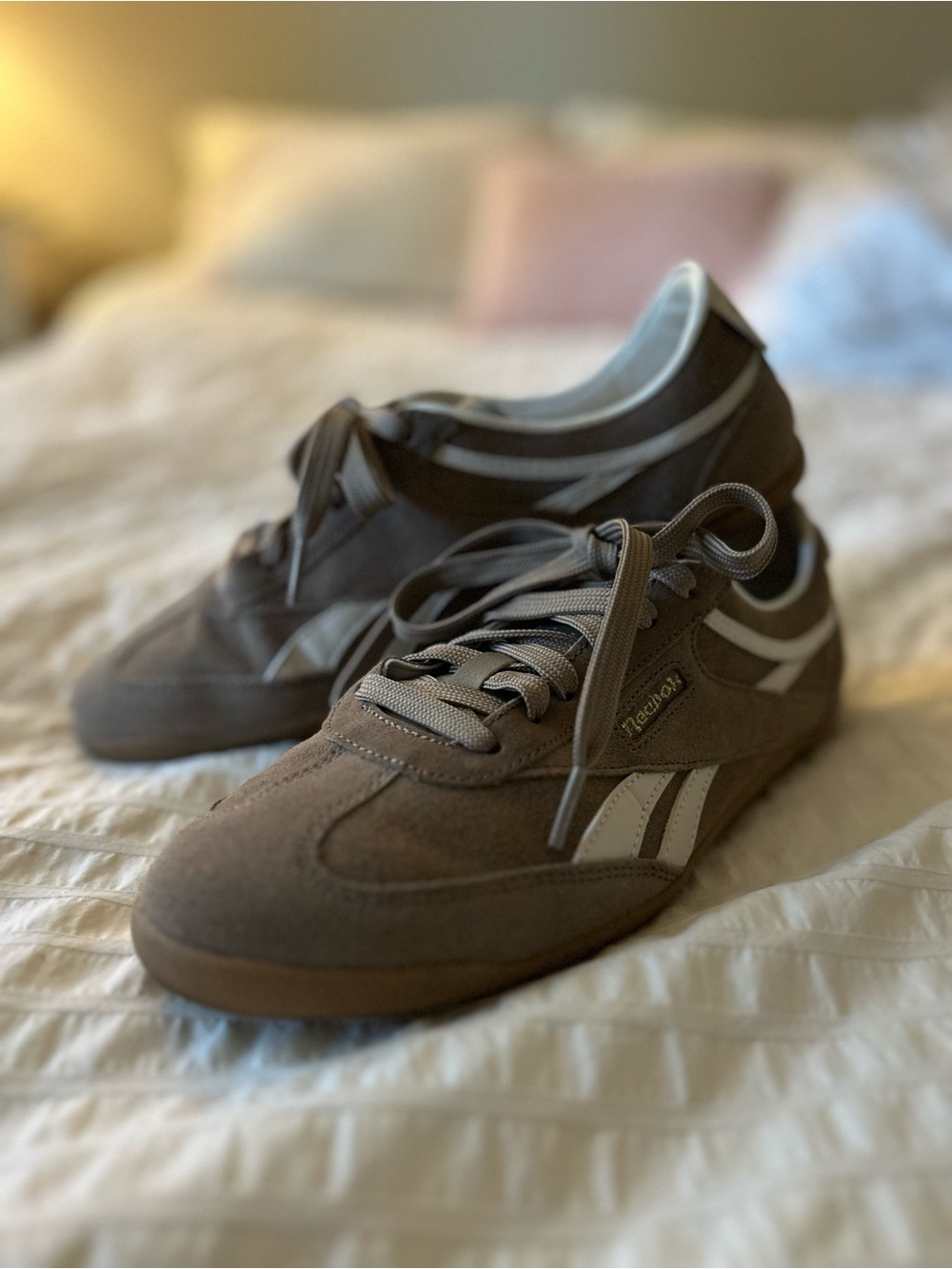 Reebok Taupe Suede Sneakers with Cream Accents